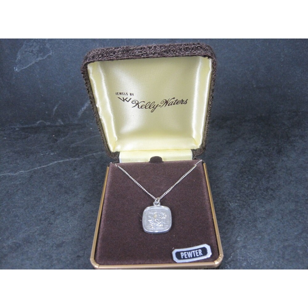 Vintage Kelly Waters Etched Flower Pewter Pendant Necklace